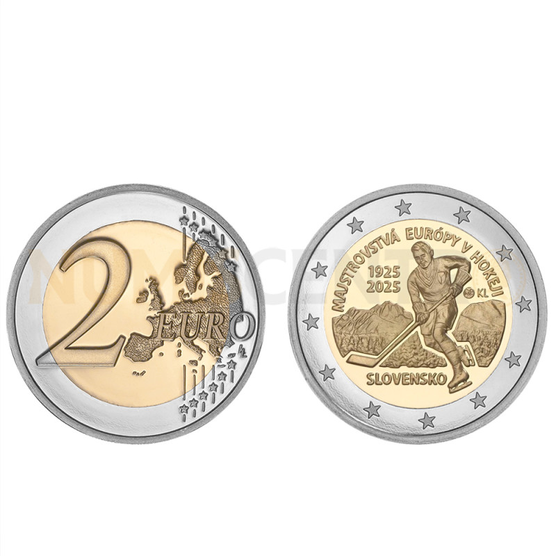 Moeda 2 Euro 100 Anos do 1º Campeonato Europeu de Hóquei no Gelo Eslováquia 2025