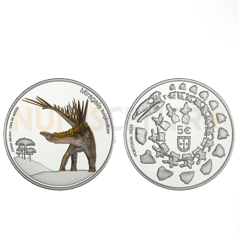 Moeda 5€ Dinossauros Miragaia Longicollum Prata Proof Portugal 2023