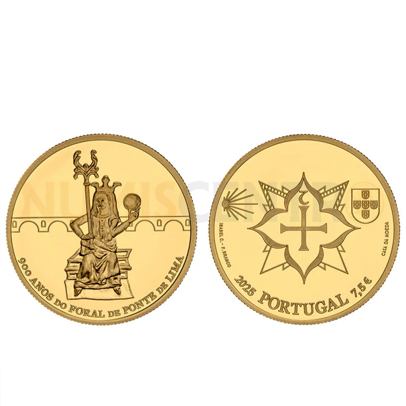 Moeda 7,5 Euros 900 Anos Foral Ponte de Lima Portugal 2025 Ouro Proof