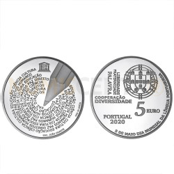 Moeda 5€ Comemorativa Dia Mundial Língua Portuguesa Prata Proof Portugal 2020