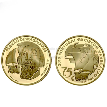 Moeda 7,5 € Fernão de Magalhães Partida 1519 Ouro Proof Portugal 2019