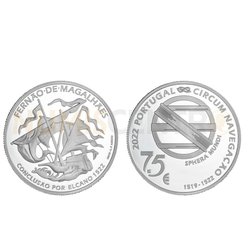 Moeda 7,5€ Fernão de Magalhães Circum Navegação Conclusão por Elcano 1522 Portugal 2022 Prata 500
